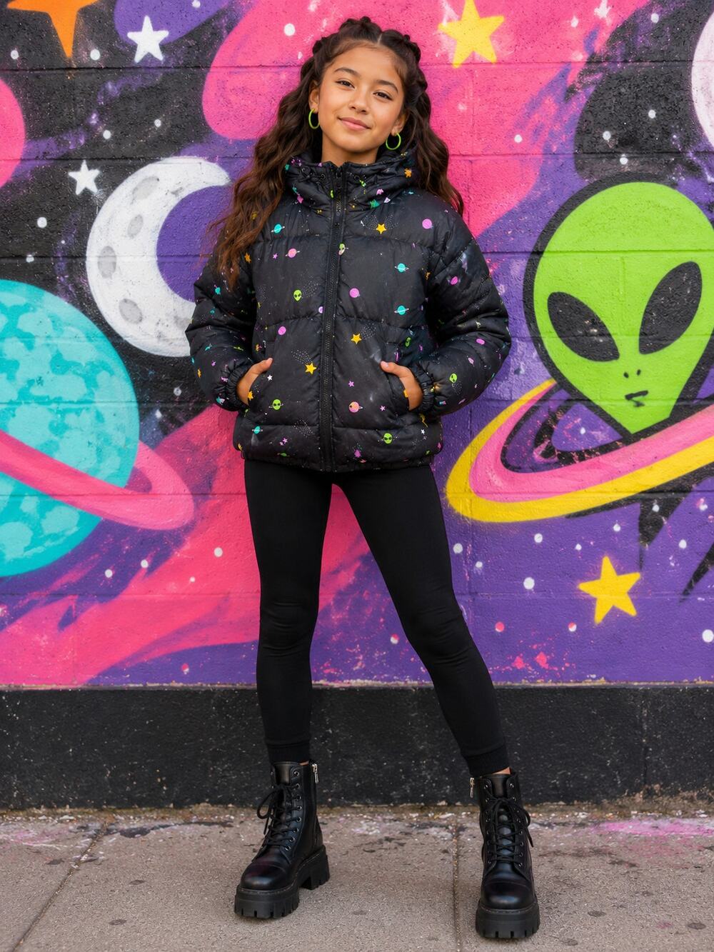 NWT Zumiez A.LAB Space Alien Print Puffer Jacket Hooded Girls Small